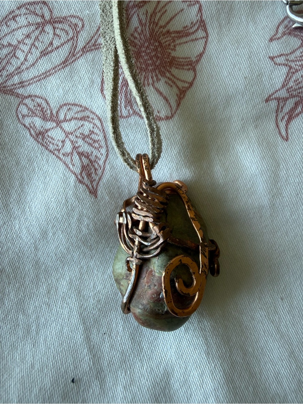 Handcrafted Copper Wire Wrapped Green Stone Pendant Necklace